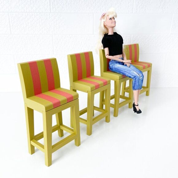 Miniature Barbie Bistro Table 4 Striped Chairs 3D Printed Dollhouse Furniture - Picture 4 of 5